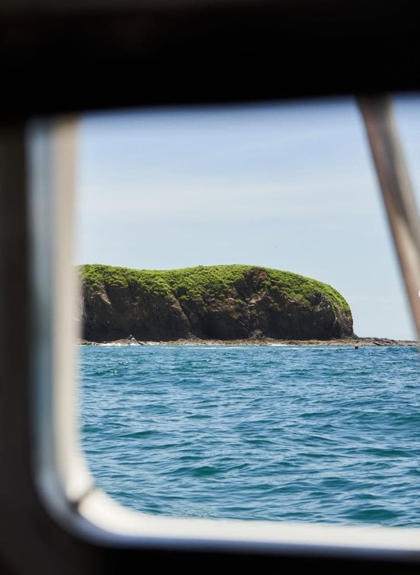 A green rocky island seen through a cabin window over blue water