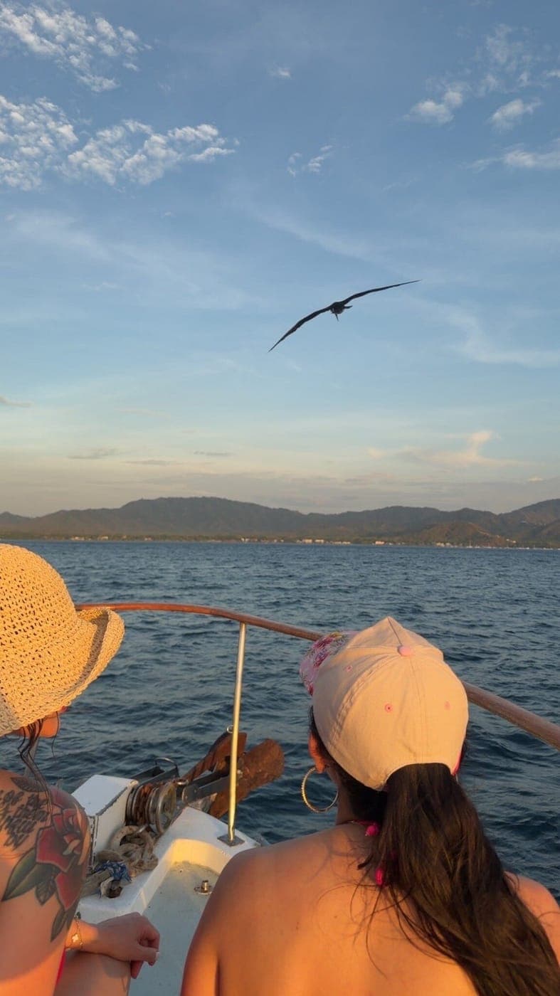 Two guests at the bow watching a pelican fly overhead in the evening light